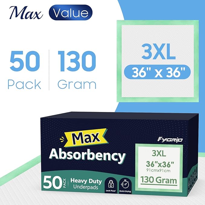 50 Count Hospital Grade 130 Gram 36” x 36” Max Absorbency Disposable Underpads, Leakproof Quick Drying XXXL Bed Pads Disposable for Adults, Kids, Pets Incontinence Pads, Pee Pads