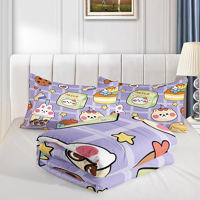 QOOMO Kawaii Bear Comforter Set for Kids Teens Girls Women,Cute Bear Kids Bedding Set,1 Comforter with 2 Pillowcase, Microfiber 3 Piece Bedding Set,for All SeasonsPurple，Full Size