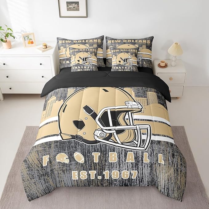 Erosebridal Classic Football City Sports Bedding Set for Boys Men Women Gridiron Bed in A Bag,Rugby Decor City Silhouette Comforter Sets with Sheets Retro Grunge Brown Bed Set King