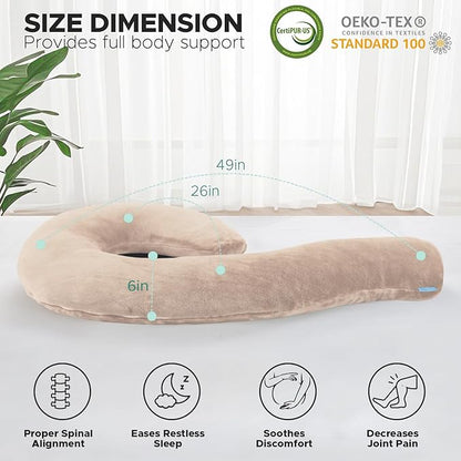 Body Pillow for Adults - Soft Long Bed Pillows Insert for Sleeping - Shredded Memory Foam and Removable Washable Cover - Swan Shaped Side Sleeper Pregnancy Pillow 49 Inch (Light Brown)