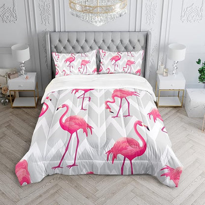 Flamingo Comforter Set Full Size Tropical Flamingo Geometric Stripe Bedding Set Flamingo Quilted Duvet for Kids Girls Boys Adult with 1 Comforter and 2 Pillowcases