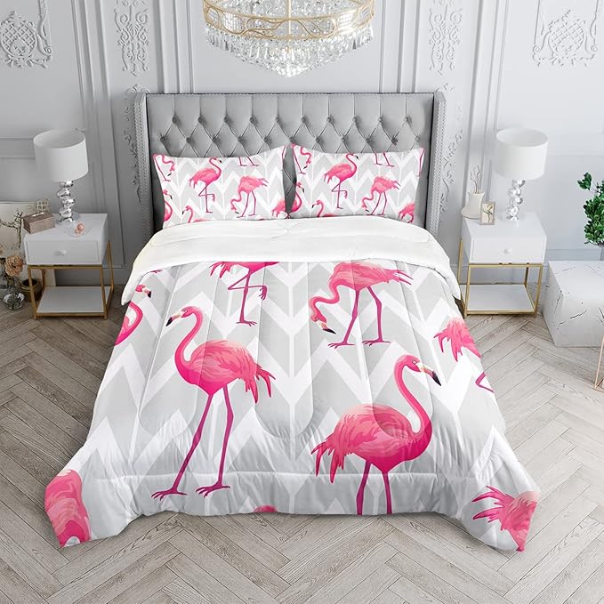 Flamingo Comforter Set Queen Size Tropical Flamingo Geometric Stripe Bedding Set Flamingo Quilted Duvet for Kids Girls Boys Adult with 1 Comforter and 2 Pillowcases