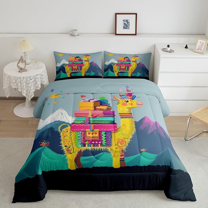Cartoon Alpaca Comforter Set Queen Size for Kids Adventure Travel Theme Bedding Sets All Season Bohemia Exotic Animal Quilt Set Bedroom Decor Mountain Landscape Down Comforter,3Pcs