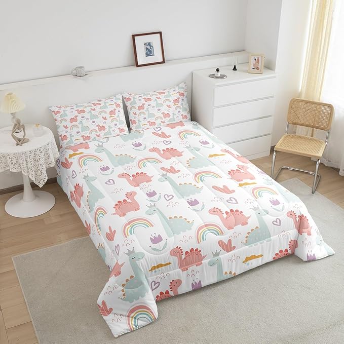 Feelyou Cartoon Dino Comforter Set Twin, Pink Green Dinosaur Comforter Cute Jungle Dino Comforter Set for Kids Boys Girls Cute Rainbow Duvet Set Microfiber Quilt Set