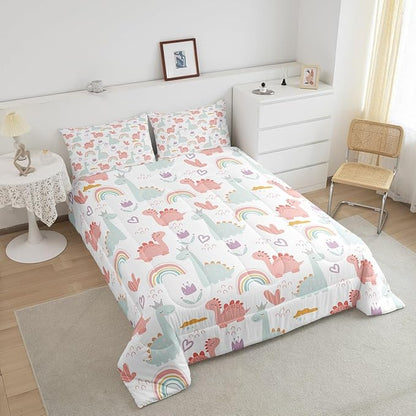 Feelyou Cartoon Dino Comforter Set Toddler, Pink Green Dinosaur Comforter Cute Jungle Dino Comforter Set for Kids Boys Girls Cute Rainbow Duvet Set Microfiber Quilt Set