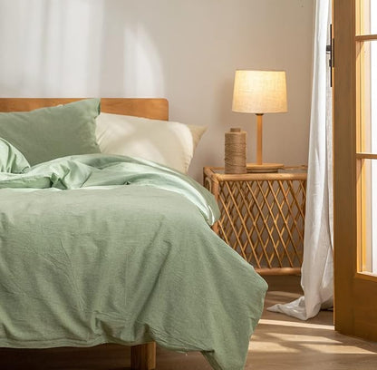 Green Duvet Cover Queen, 100% Washed Cotton Linen Like Textured Solid Color Casual Modern Style Green Bedding Set, with Zipper Closure, Luxury Soft Relaxed Feel Natural Wrinkled Comfy (3pcs, Queen)