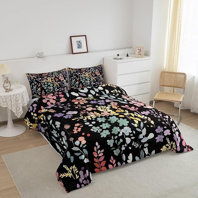 Erosebridal Colorful Floral King Bedding Set for Girls Boys Kids,Cute Boho Flower Comforter Set Rustic Home Decor,Funky Watercolor Wildflower Quilt Bed Set Bohemian Flowers Bed Comforter Set 3Pcs