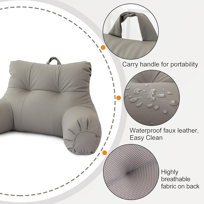 A Nice Night Faux Leather Reading Pillow for All Season,Wedge Bedrest Pillow Backrest with Arms Back Support for Sitting Up in Bed/Couch,Grey