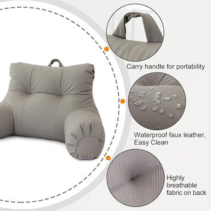A Nice Night Faux Leather Reading Pillow for All Season,Wedge Bedrest Pillow Backrest with Arms Back Support for Sitting Up in Bed/Couch,Grey