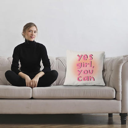 Yes Girl You Can Inspirational Pillow Covers 18x18, Positive Affirmation Gifts for Women Teen Girls, Preppy Pink Feminist Throw Pillow Covers Decorative for Home Teen Girls Room Dorm Apartment