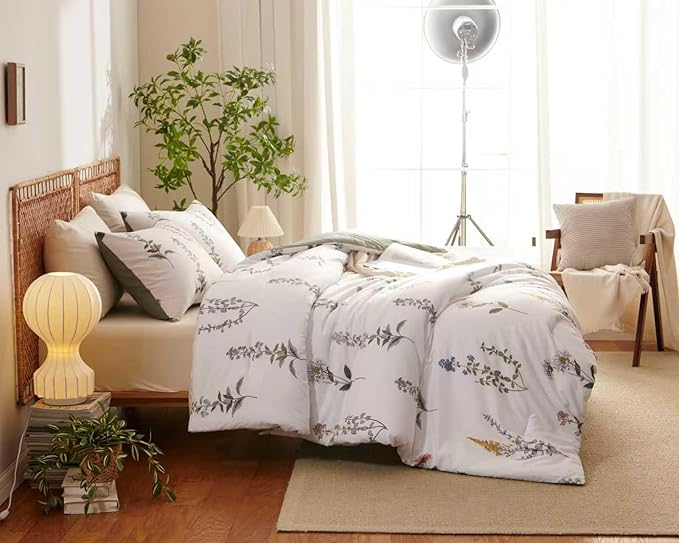 Floral Duvet Cover Queen Size Vintage Floral On White Bedding Set with Pink Purple Flower For Girls Women Men Olive Green Botanical Pattern Garden Style Fall Duvet Cover Set 3 Pieces with 2 Pillowcase