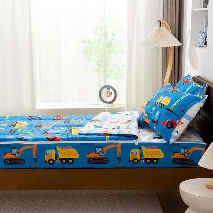 Holawakaka Kids Zipper Bedding Construction Truck Comforter Set, Boys Twin Size Excavator Tractor Digger Print Zippered Bed Sets, Child Dorm Zip Bedding