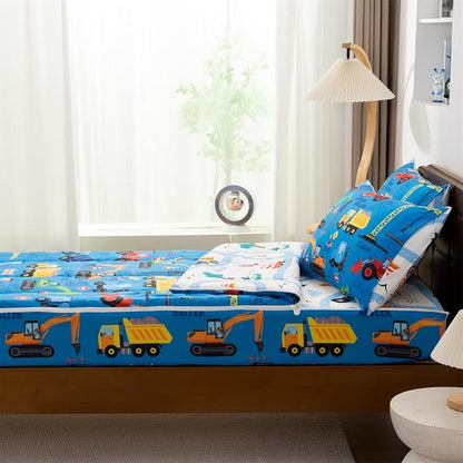 Holawakaka Kids Zipper Bedding Construction Truck Comforter Set, Boys Twin Size Excavator Tractor Digger Print Zippered Bed Sets, Child Dorm Zip Bedding