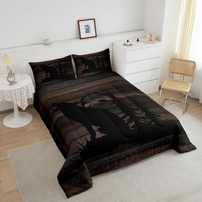 Feelyou Cute Wolf Comforter Set for Girls Kids Wolves Howling Bedding Set Room DecorAnimal Wolves Tree Wood Grain Bedding Set Brown Black Duvet Set 3Pcs with 2 Pillow Case King Size Boys