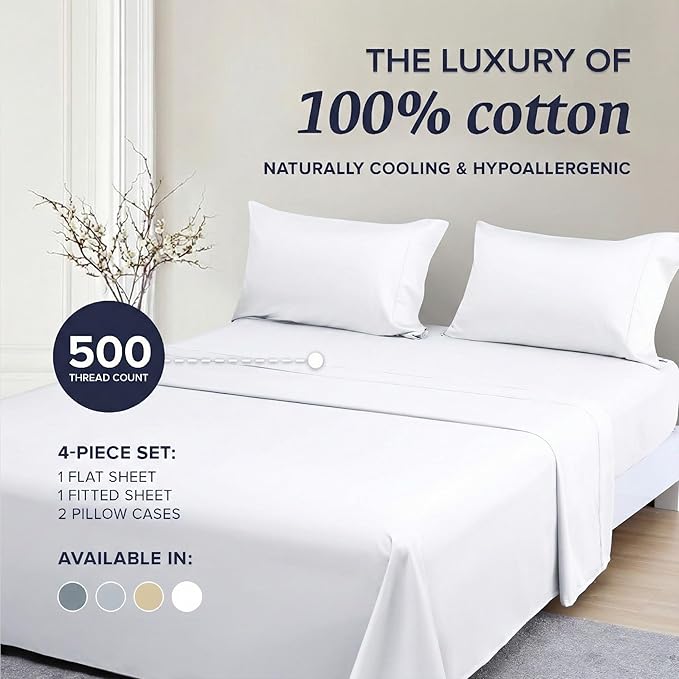 Beckham Hotel Collection Cal King Sheet Set 100% Cotton, 500TC Luxury Sateen Bedding, 16” Deep Pocket, Moisture-Wicking, 4-Piece, White