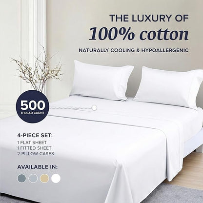 Beckham Hotel Collection Full Sheet Set 100% Cotton, 500TC Luxury Sateen Bedding, 16” Deep Pocket, Moisture-Wicking, 4-Piece, White