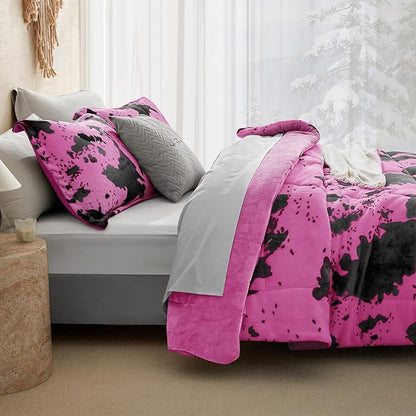 Petrichor Velvet Flannel King Comforter Set-Cow Print Western Style Blanket,Luxury Fuzzy Heavy Bedding Set, 3 Pieces Plush Winter Bed Set with Comforter (90"x104") & 2 Pillow Shams (20"x36"