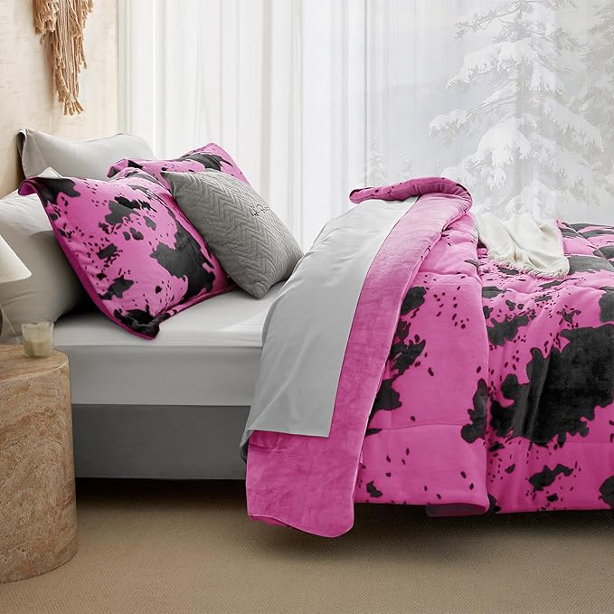 Petrichor Velvet Flannel Twin Comforter Set-Cow Print Western Style Blanket,Luxury Fuzzy Heavy Bedding Set, 2 Pieces Plush Winter Bed Set with Comforter (68"x88") & 1 Pillow Shams (20"x26")
