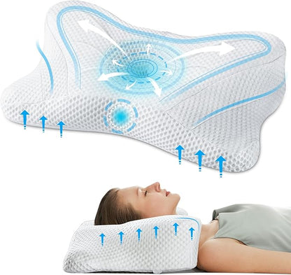 Smug Cervical Neck Pillow, Cooling Ergonomic Memory Foam Pillows for Neck Pain Relief with Breathable Pillowcase, Dual Height Orthopedic Support Contour Pillow for Side, Stomach Sleepers, White