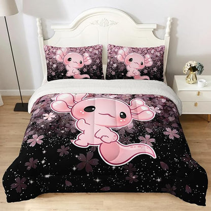 QOOMO Cartoon Axolotl Sherpa Fleece Comforter Set Girls Kawaii Bedding Set Full/Queen Size for Kids Teens Cute Cherry Blossoms Bedding Design 3 Piece with 1 Comforter 2 Pillowcases