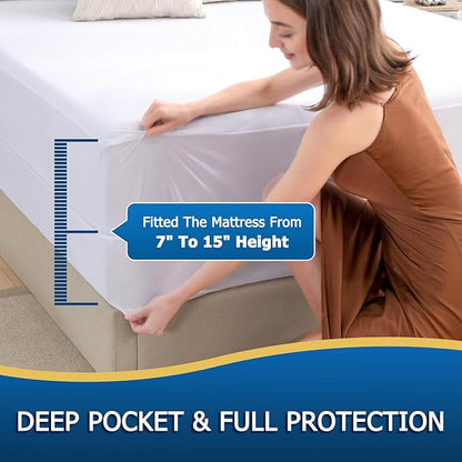 Queen Zippered Mattress Encasement, Waterproof Zipper Mattress Protector, Breathable, Noiseless, Machine-Washable Zip Mattress Cover，Fitting 7" - 15" Deep Mattress