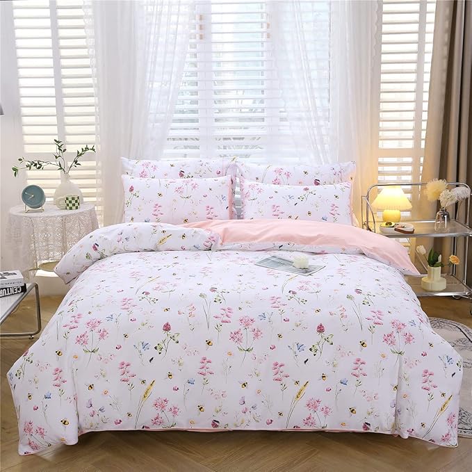 URBONUR Pink Floral Duvet Cover Set Queen Size 100% Cotton 3 Piece Romantic Garden Flowers Cute Bees Print Bedding Set for Girls Women, Queen Comforter Cover Sets with Button Closure