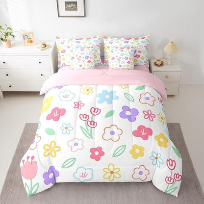 Feelyou Cute Flower 7 Piece Bedding Set Colorful Floral Comforter Set with Sheets for Kids Boys Girls Cartoon Hand-Drawn Bed in a Bag Botanical Decor Bed Set Soft Lightweight