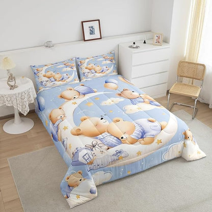 Sleeping Animal Bear Comforter Set Twin Size for Kids Cartoon Childlike Style Bedding Sets All Season Star Moon Clouds Quilt Set Bedroom Decor Watercolor Balloons Down Comforter,2Pcs