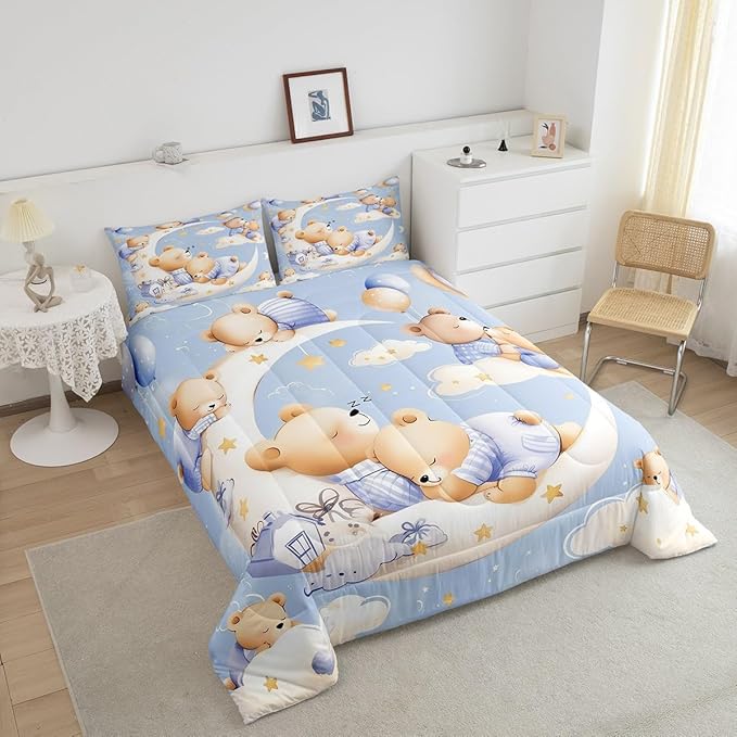 Sleeping Animal Bear Comforter Set Toddler Size for Kids Cartoon Childlike Style Bedding Sets All Season Star Moon Clouds Quilt Set Bedroom Decor Watercolor Balloons Down Comforter,2Pcs