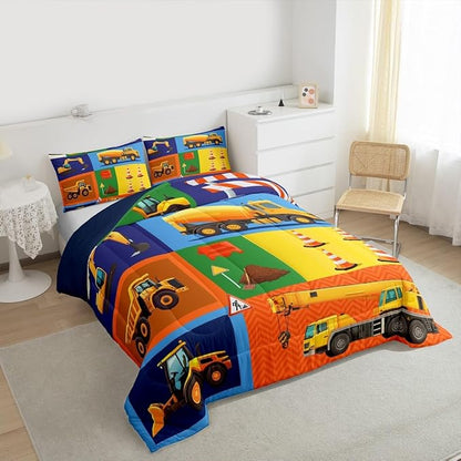 Cartoon Car Kids Comforter Set King Size Excavator Tractor Truck Bedding Set 3pcs Boys Teens Bedroom Decor Construction Vehicles Quilted Duvet Colorful Patchwork Plaid Duvet Insert,2 Pillowcases