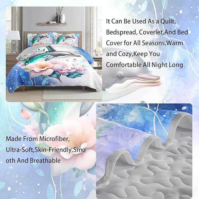 AILONEN Ocean Dolphin Quilt Set King Size Blue Pink Flower Bedspread Coverlet for Kids Girls Boys,1 Quilt with 2 Pillowcases,Cute Dolphin Bed Cover 3 Pieces