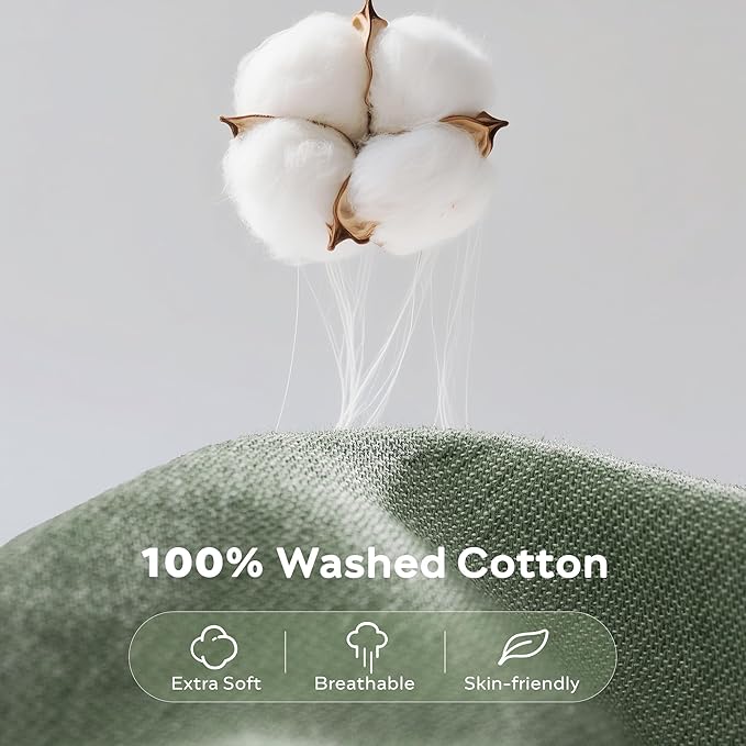 JELLYMONI Cotton Duvet Cover Twin Size - Sage Green Comforter Cover with Button 100% Washed Cotton 2PCS Breathable Soft Solid Bedding Set Duvet Cover 68×90in & 1 Pillowcases (NO Comforter)