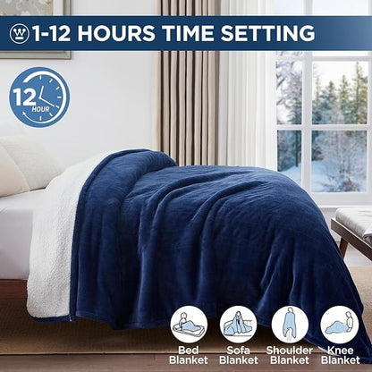 Westinghouse Electric Blanket Queen, Heated Blanket Queen Size with 10 Heating Levels and 1 to 12 Hours Heating Time Settings, Flannel to Sherpa Reversible, Machine Washable (84" x 90", Navy)