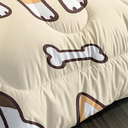 Kawaii Cartoon Corgi Dog Animal Themed 3Pcs Comforter Full Yellow Black Dogs Pattern Bedding for Kids Teens Girls Boys Cute White Bone Quilt Bed Decor Set with 1 Comforter and 2 Pillowcases