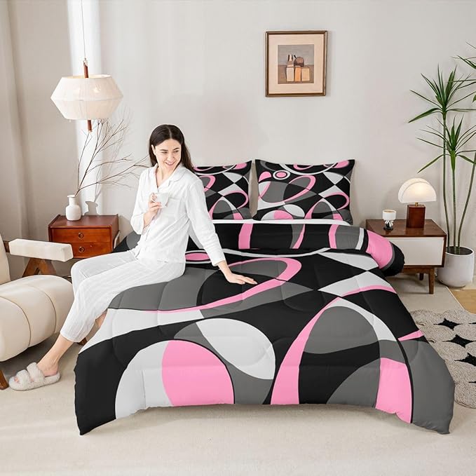 Feelyou Pink Grey and Black Comforter Retro Circle Comforter Set Modern Abstract Art Bedding Set for Kids Boys Girls Swirl Duvet Luxury Room Decor Quilt King Size