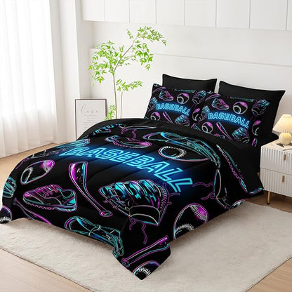 Baseball Sports Comforter Set 7Pcs Sneaker Baseball Bat Gloves Bedding Set for Kid Teen Girl Boy Adult Sports Games Shoes Quilt Bed Decor Queen with 2 Sheets,2 Pillowcases,2 Throw Pillow Covers