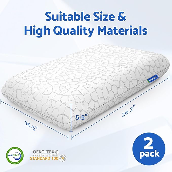 Memory Foam Pillows for Sleeping, Bed Pillow with Removable and Machine Washable Cover, Bed Pillow for Side, Back and Stomach Sleepers, Standard Size (2 Pack)