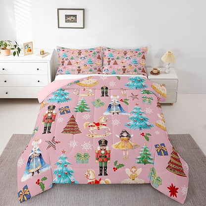 Erosebridal King Christmas Comforter Set for Kids, Boys & Girls - Nutcracker Bedding Set, Reversible Pink & White, 2 Pillowcases