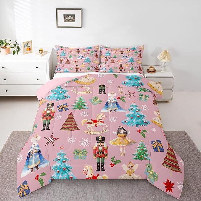 Erosebridal Christmas Queen Comforter Set for Kids Boys Girls,Christmas Nutcracker Bedding Set,Merry Christmas Down Comforter,Pink Christmas Reversible Bed Set with 2 Pillowcases for Bedroom