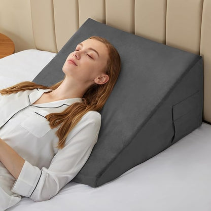 Bedluxe Wedge Pillow, 10 inch Bed Wedge Pillow for Headboard, Pillow Wedge for Acid Reflux Relief, Sleeping, After Surgery, Snoring, Gerd, Triangle Pillow Wedge - Cooling Memory Foam Top, Plush Grey