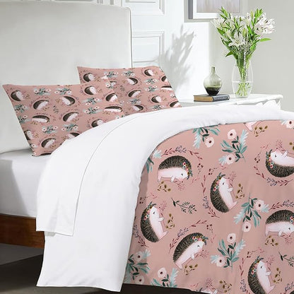 Hedgehog Theme 3 Pieces Duvet Cover Comforter Set with 2 Pillowcase Queen Size Hedgehog Flower Bed Sheet Quilt Bedroom Bedding for Lover Kids