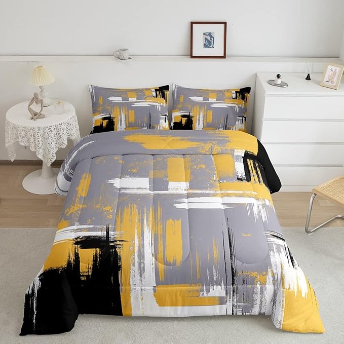 Abstract Bedding Set Kids Modern Abstract Art Comforter Set Yellow Grey Black Comforter for Boys Room Decor Lightweight Retro Duvet Set Toddler Size with 1 Pillow Case