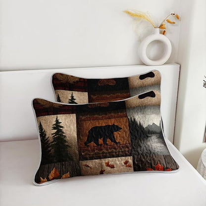 QOOMO Woodland Quilt Set King Size,Bear Leaves Bedspread Coverlet Set,Bear Leaves 3Pcs Bedding Set Printed Quilt with 2 Pillowcases,Soft and Lightweight,for All Seasons