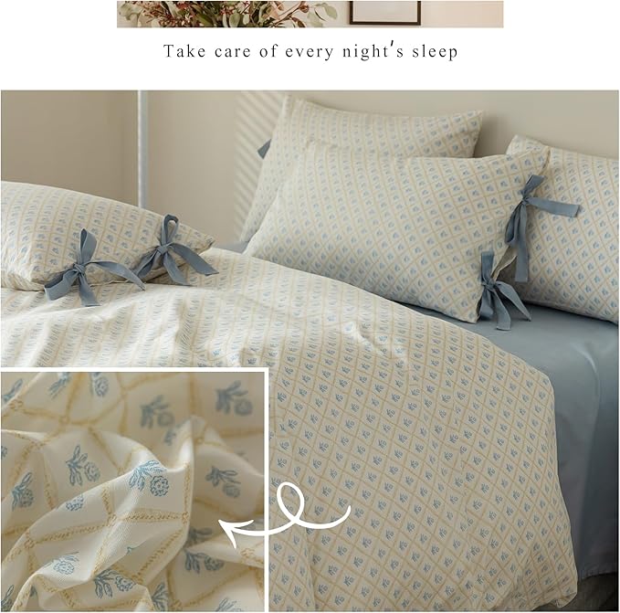 AOJIM Blue Floral Bedding Duvet Cover Full Size, Pure Cotton Comforter Cover Set 3pcs with Plaid Design for Kids Adults, 1 Soft Duvet Cover 80x90'' with Zipper Closure and 2 Pillowcases with Bowknot