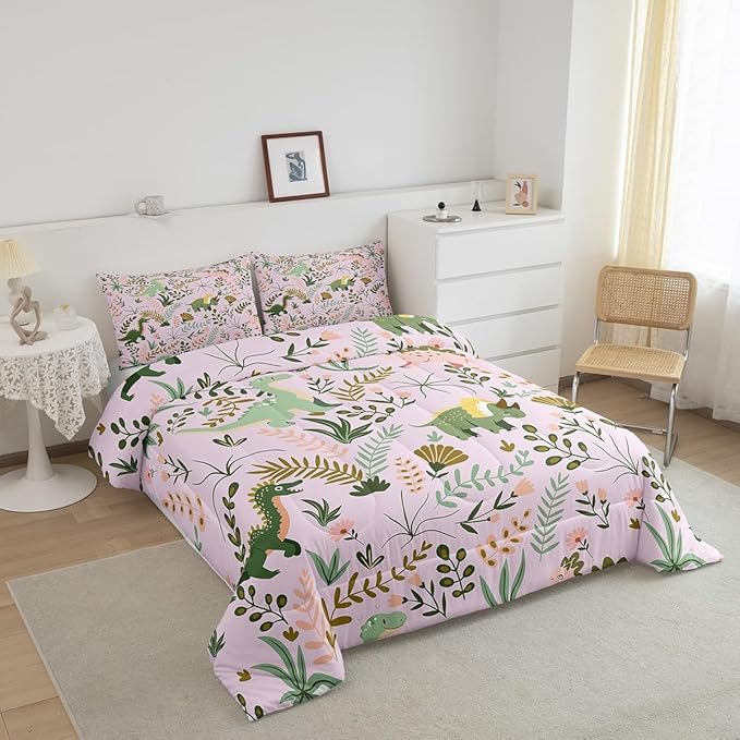 Cute Dino Kids Comforter Set Queen Size,Kawaii Pink Green Dinosaur Polyester Bedding Set for Women Adult,Cartoon Wildlife Floral Leaves Plant Luxury Reversible Bed Duvet Insert, 2 Pillowcases