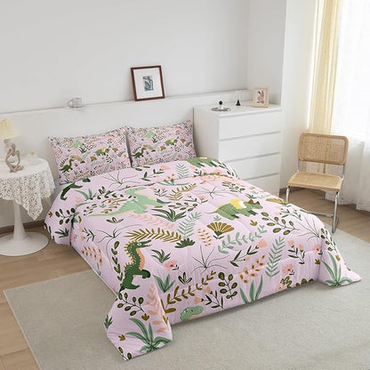 Cute Dino Kids Comforter Set Queen Size,Kawaii Pink Green Dinosaur Polyester Bedding Set for Women Adult,Cartoon Wildlife Floral Leaves Plant Luxury Reversible Bed Duvet Insert, 2 Pillowcases