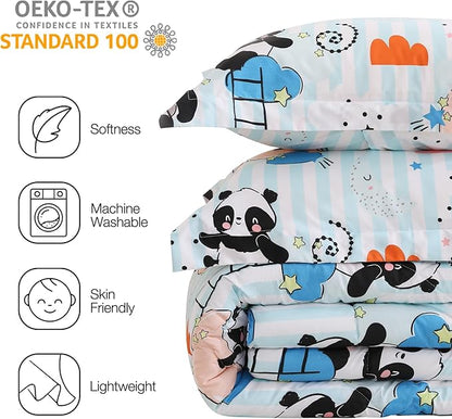 JSD Blue Panda Kids Comforter Set Full Size, 3 Piece Moon Microfiber Comforter with Pillow Shams, Machine Washable