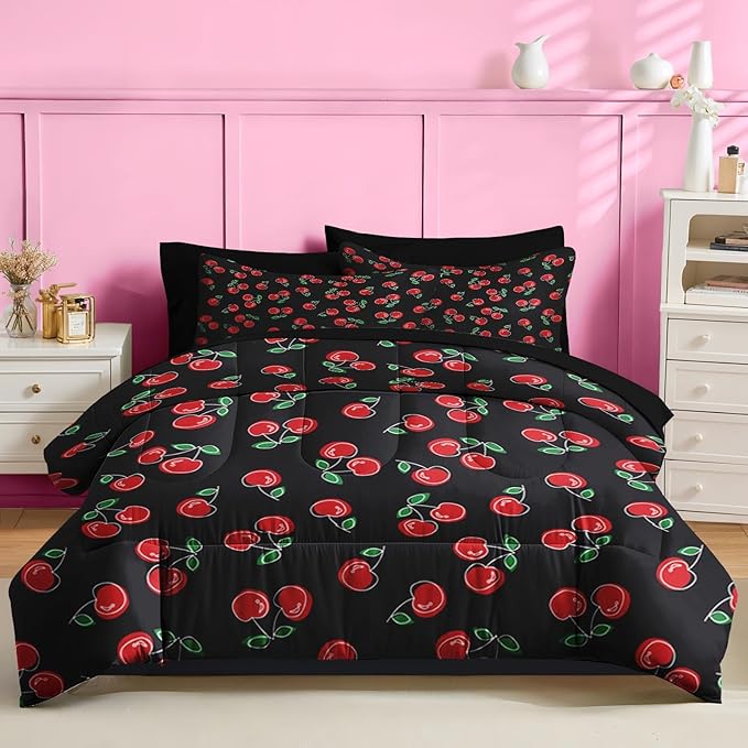 Nesker 7 Pcs Comforter Set Full Size, Retro Red Black Bedding for Kids Teen, Cherry Fruit Bed Sheet with Pillowcase & Sham
