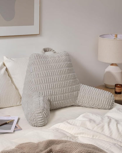 Blissful Diary Reading Pillow, Backrest Pillow with Shredded Memory Foam for Adult & Children, Designed for Bed and Couch Sitting Up, Includes Arms, Pockets and Washable Cover, Light Gray
