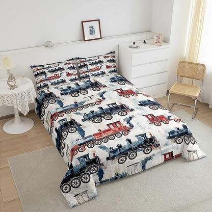 Vintage Steam Train Kids Comforter Set - Locomotive Print Retro Car King Bedding Sets - Cartoon Railway Vehicles Bed Set Colorful Steam Engine Train Duvet Insert Gifts For Kids Boys Home Decor
